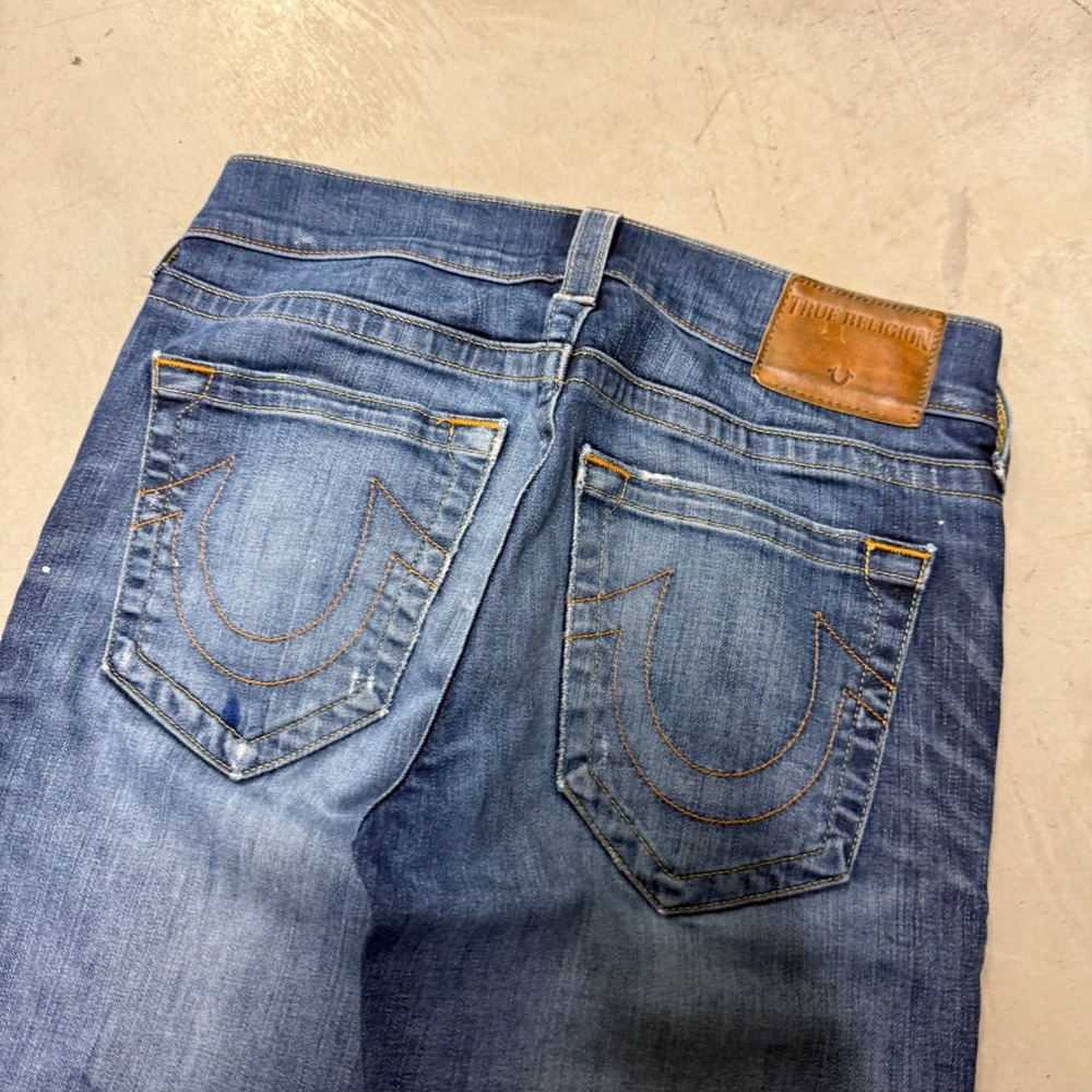 True Religion Geno Relaxed Slim Distressed Paint Splatter Jeans Blue 28x34
